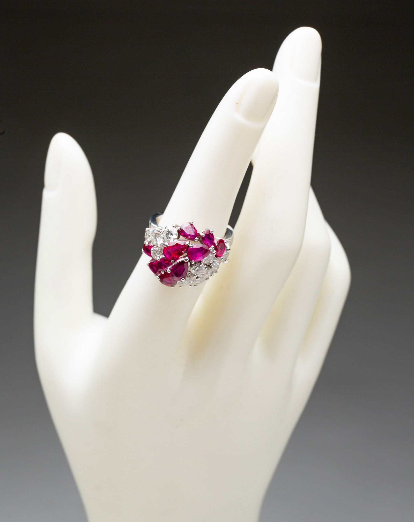 LADIES DIAMOND, RUBY, AND PLATINUM COCKTAIL RING. (1 of 4)