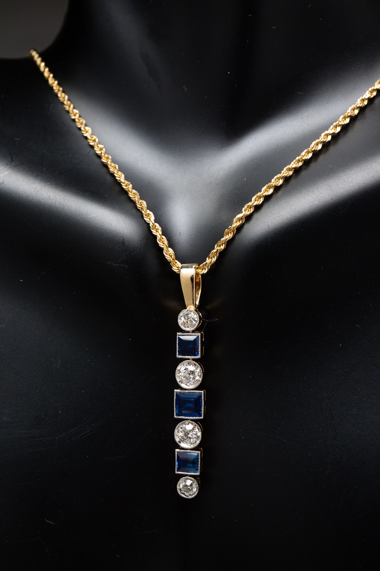 YELLOW GOLD SAPPHIRE AND DIAMOND DROP BAR PENDANT. (1 of 3)