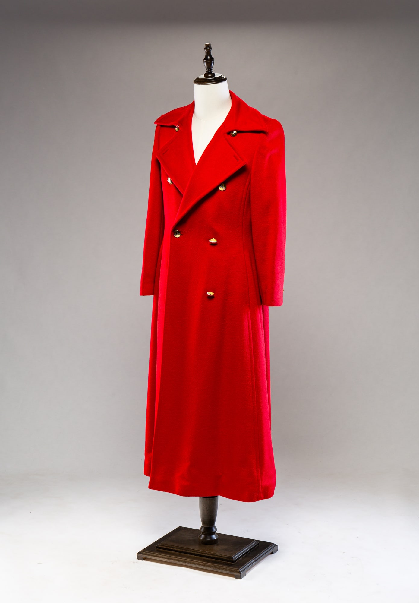 ESCADA RED ANGORA WOOL COAT.: French. Size 36. Full length coat with gold buttons and slit pockets. Light wear.