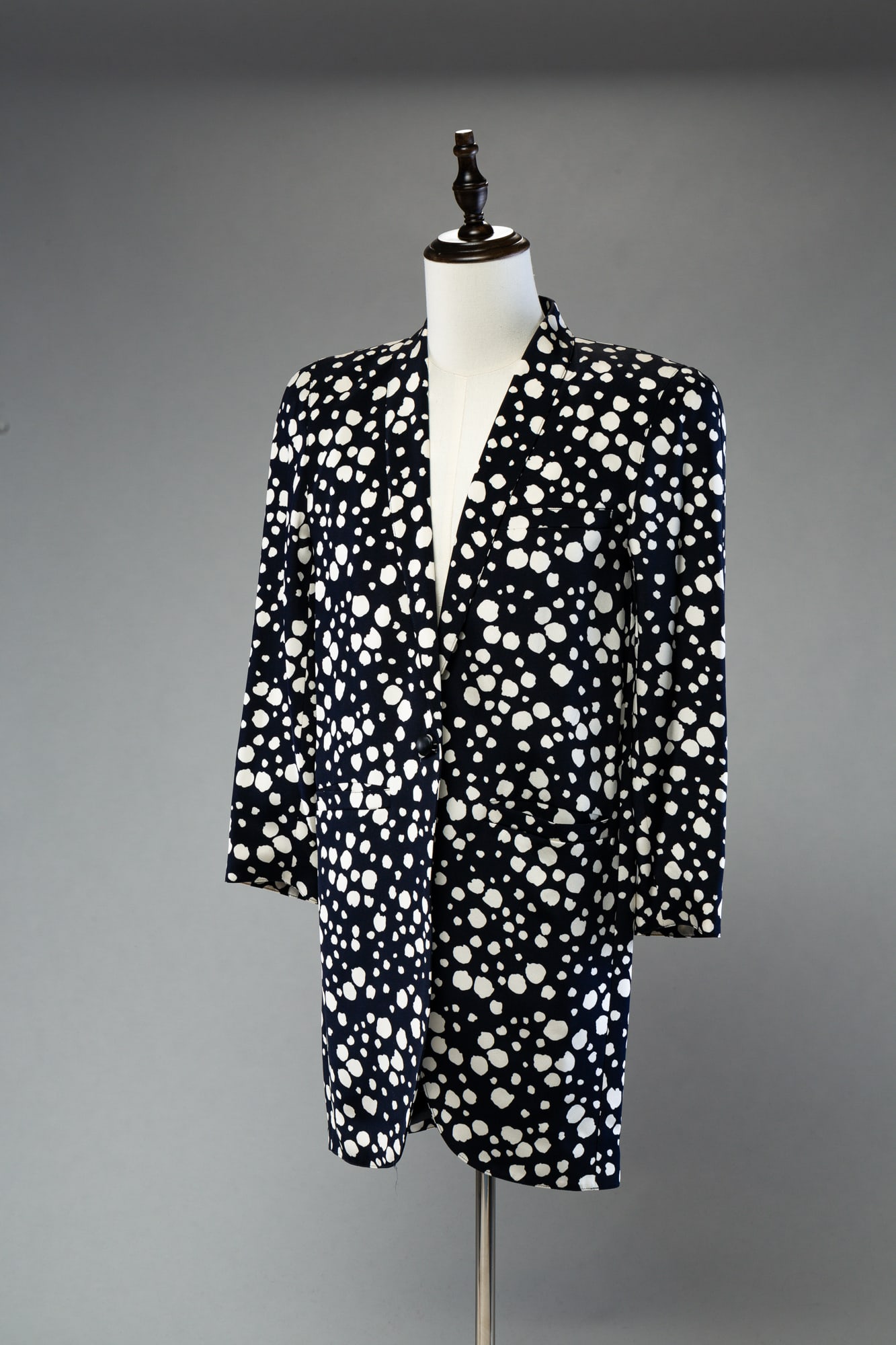 THREE ESCADA GARMENTS.: German. Silk. Size 36. Silk body suit in pink floral, black and white polka dot long blazer and silk black pinstripe blouse. Light wear.