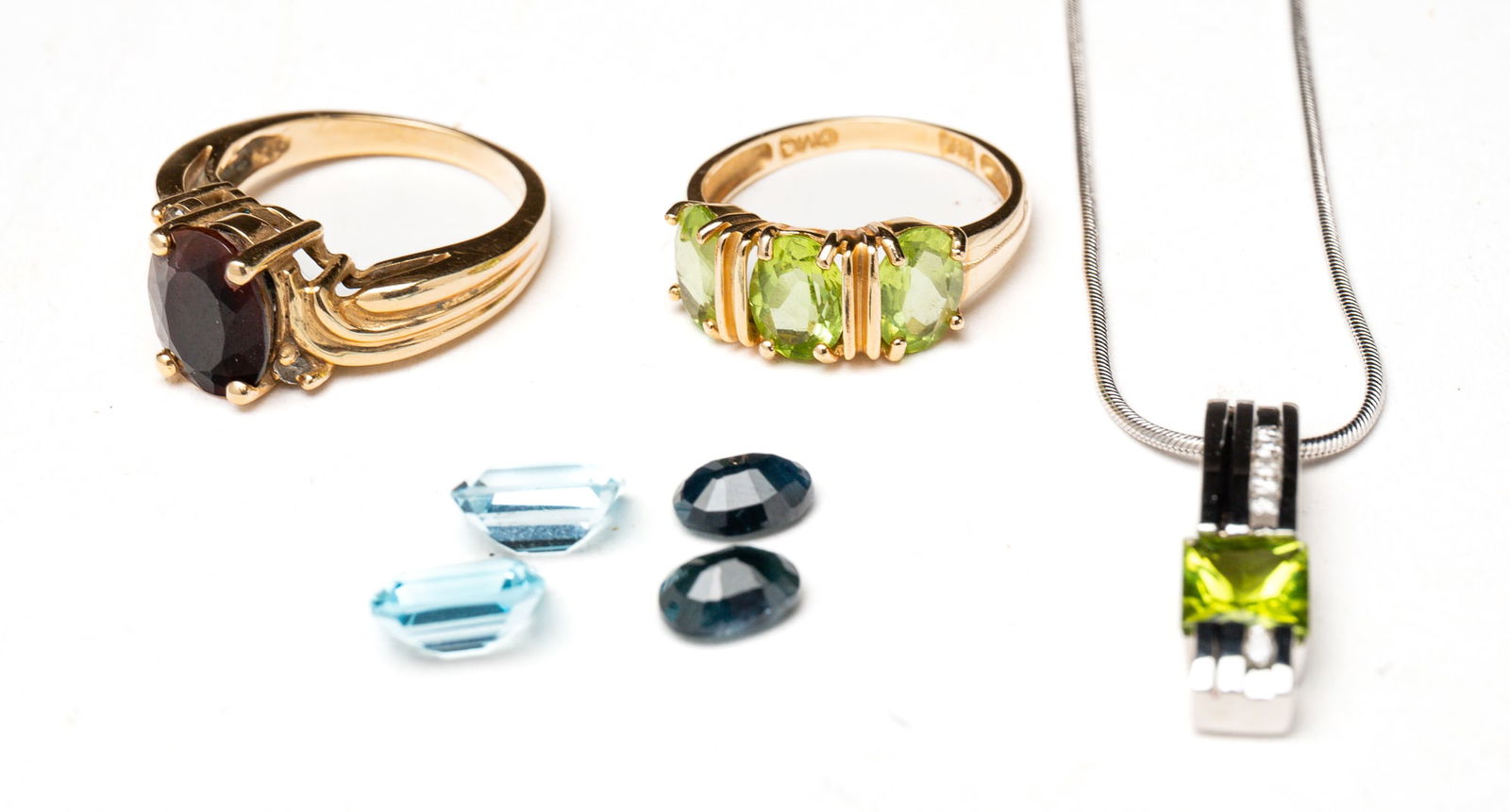 THREE PIECES 14 KARAT GOLD JEWELRY AND FOUR LOOSE GEMSTONES. (1 of 1)