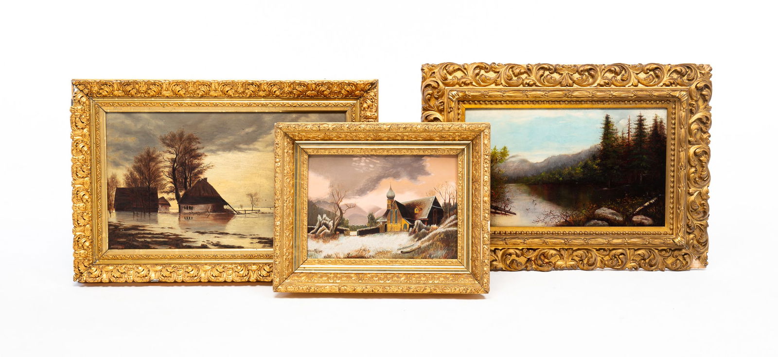 THREE GILT FRAMED OIL PAINTINGS. (1 of 6)