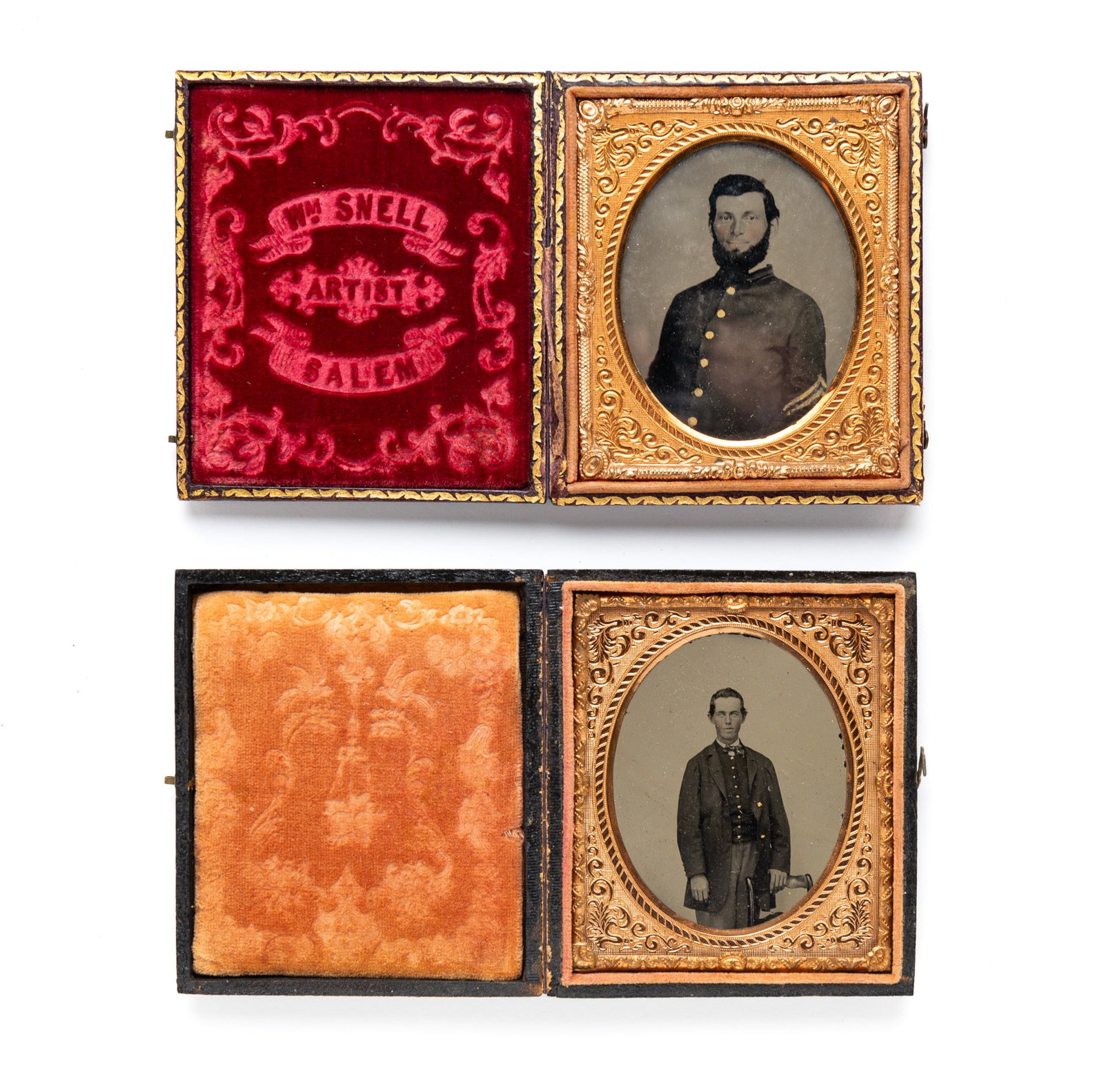 TWO SIXTH PLATE CASED CIVIL WAR IMAGES.: American, third quarter 19th Century. Ambrotypes. One seated soldier and one standing soldier. In pressed cardboard cases.