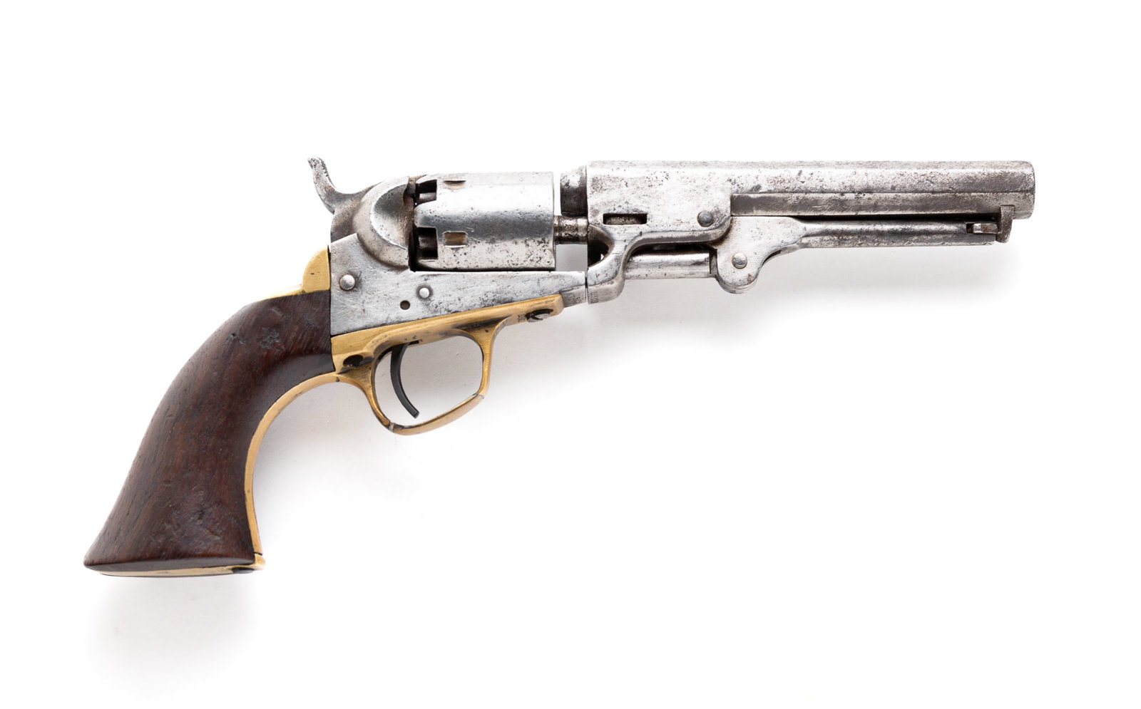 COLT NAVY REVOLVER.: American, third quarter 19th Century. Serial number 225316. Marked on barrel "Address Col Sam's Colt, U.S. America". Pitting cleaned and bent trigger guard. Barrel shortened from 7.5" to 5".