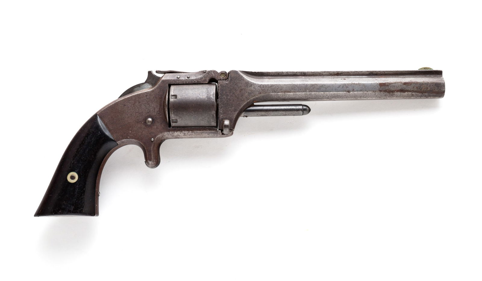 SMITH AND WESSON MODEL NUMBER TWO REVOLVER.: American, third quarter 19th Century. Serial number 13807. Pitting, trigger broken, cylinder is loose as is hinge spring and action is intact.