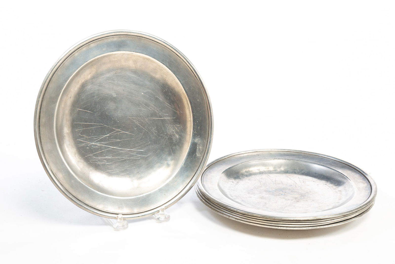 SIX JOSEPH SPACKMAN PEWTER PLATES. (1 of 3)