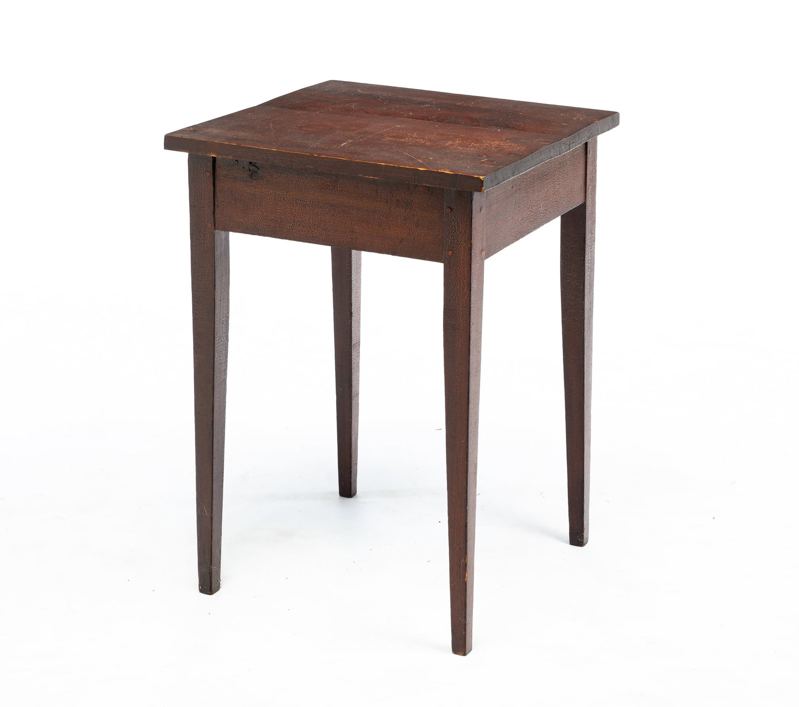 HEPPLEWHITE STAND.: HEPPLEWHITE STAND. American, first quarter 19th Century. Poplar. Tapered legs, pegged construction and old, if not original, reddish-brown alligatored finish. Some wear and age splits on top. 24.75"h.