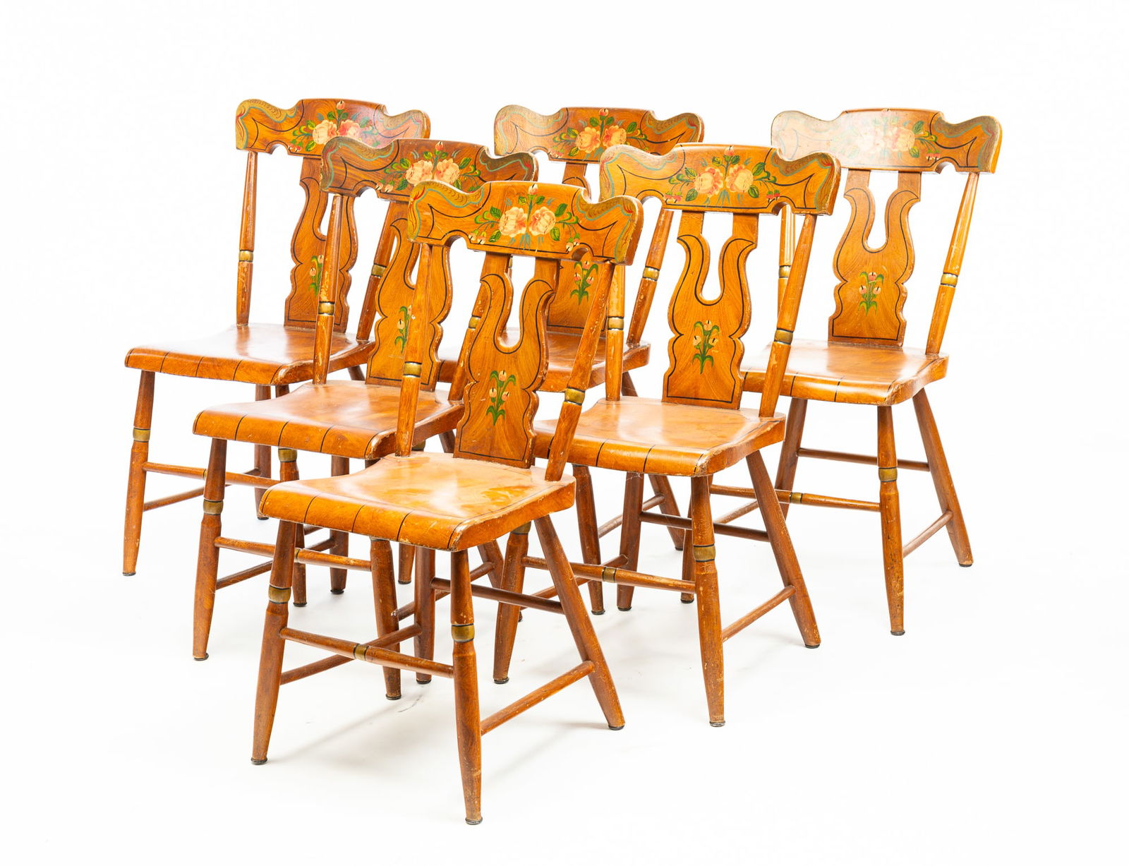 SIX GRAIN PAINTED AND DECORATED PLANK SEAT CHAIRS. (1 of 4)