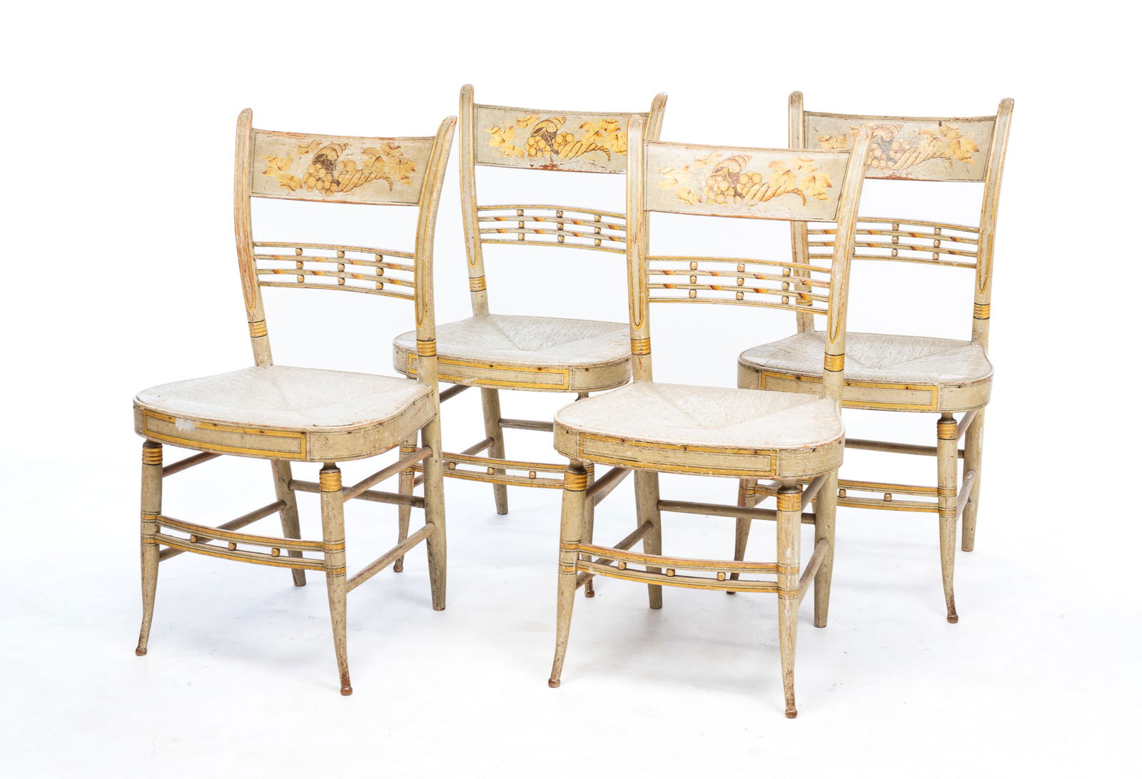 SET OF FOUR PAINTED AND DECORATED SHERATON CHAIRS. (1 of 4)