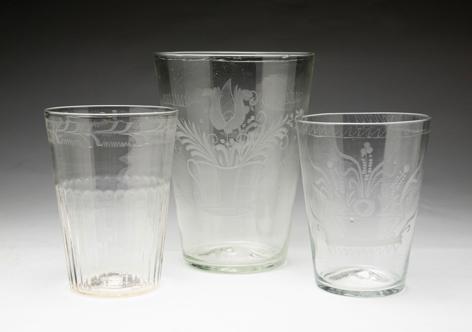 THREE BLOWN FLINT GLASS FLIPS. (1 of 4)