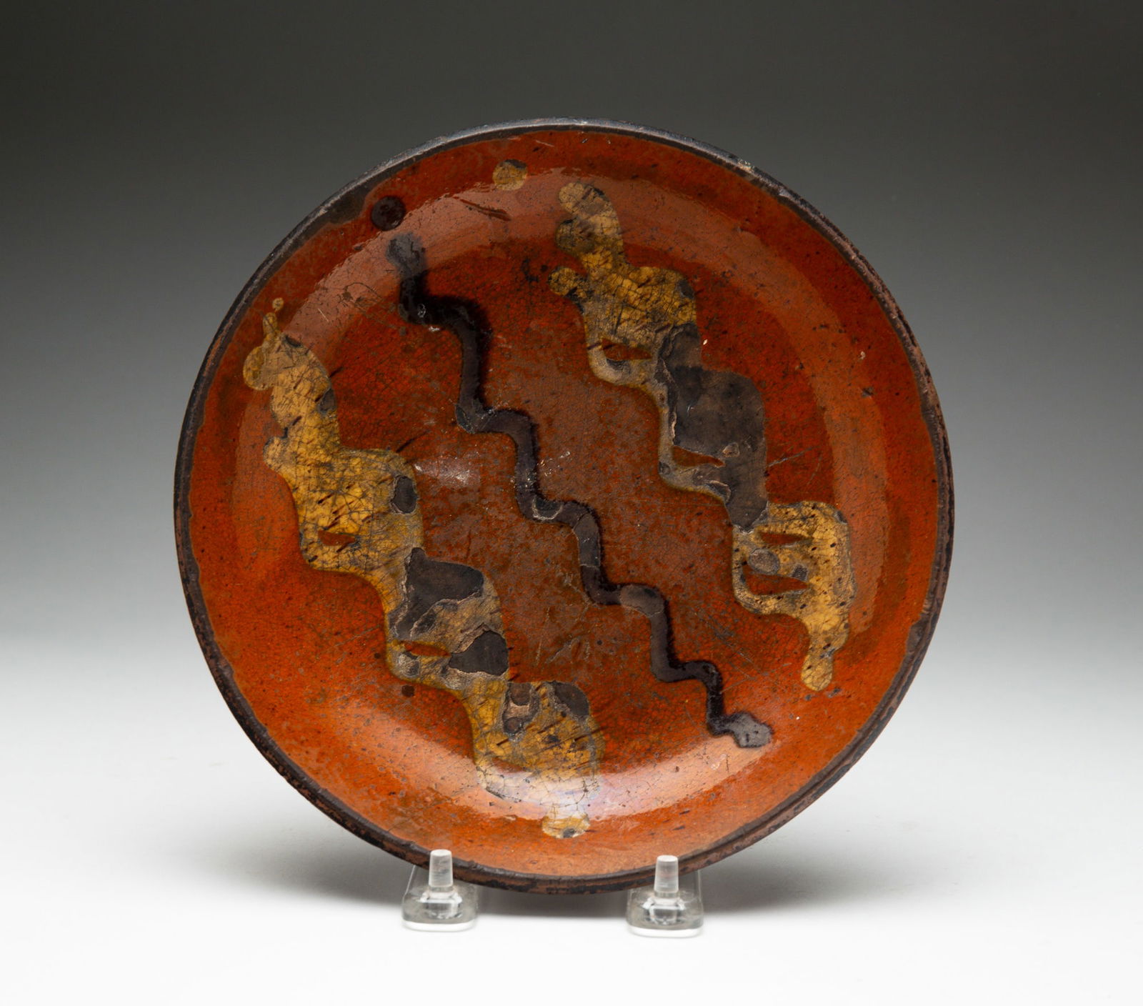 REDWARE SLIP DECORATED PLATE. (1 of 3)