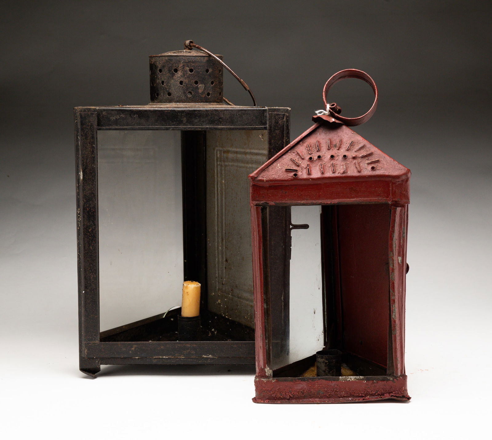 TWO TRIANGULAR CANDLE LANTERNS. (1 of 4)