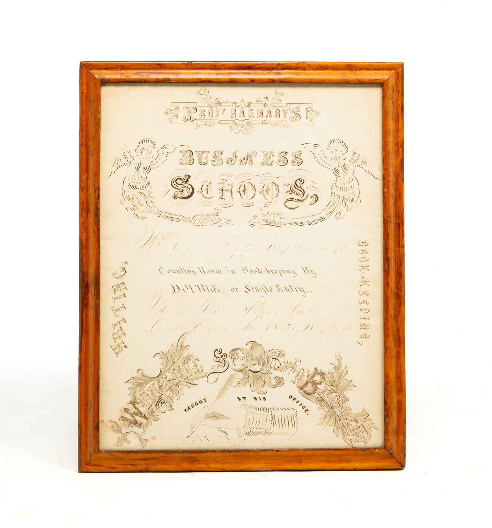 CALLIGRAPHY INK ADVERTISEMENT.: American, third quarter 19th Century. An ink advertisement for "Prof. Barnaby's Business School" showcasing different fonts, including Spencerian. In Birdseye maple frame. 25.25"h. 20.25"w.