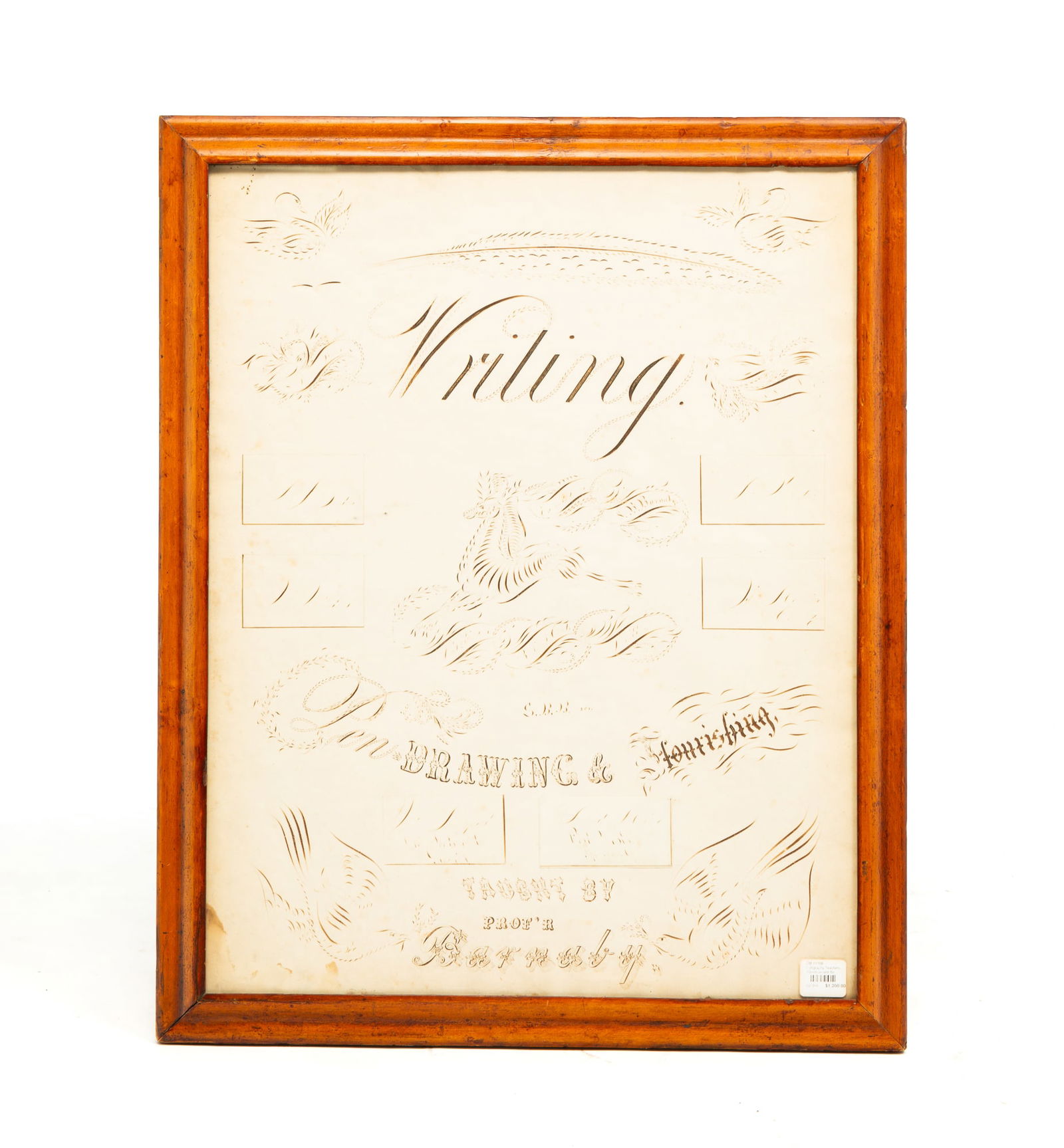 CALLIGRAPHY INK ADVERTISEMENT.: American, third quarter 19th Century. An ink advertisement for writing with Prof. Barnaby showcasing different fonts, including Spencerian. In Birdseye maple frame. 25.25"h. 20.5"w.