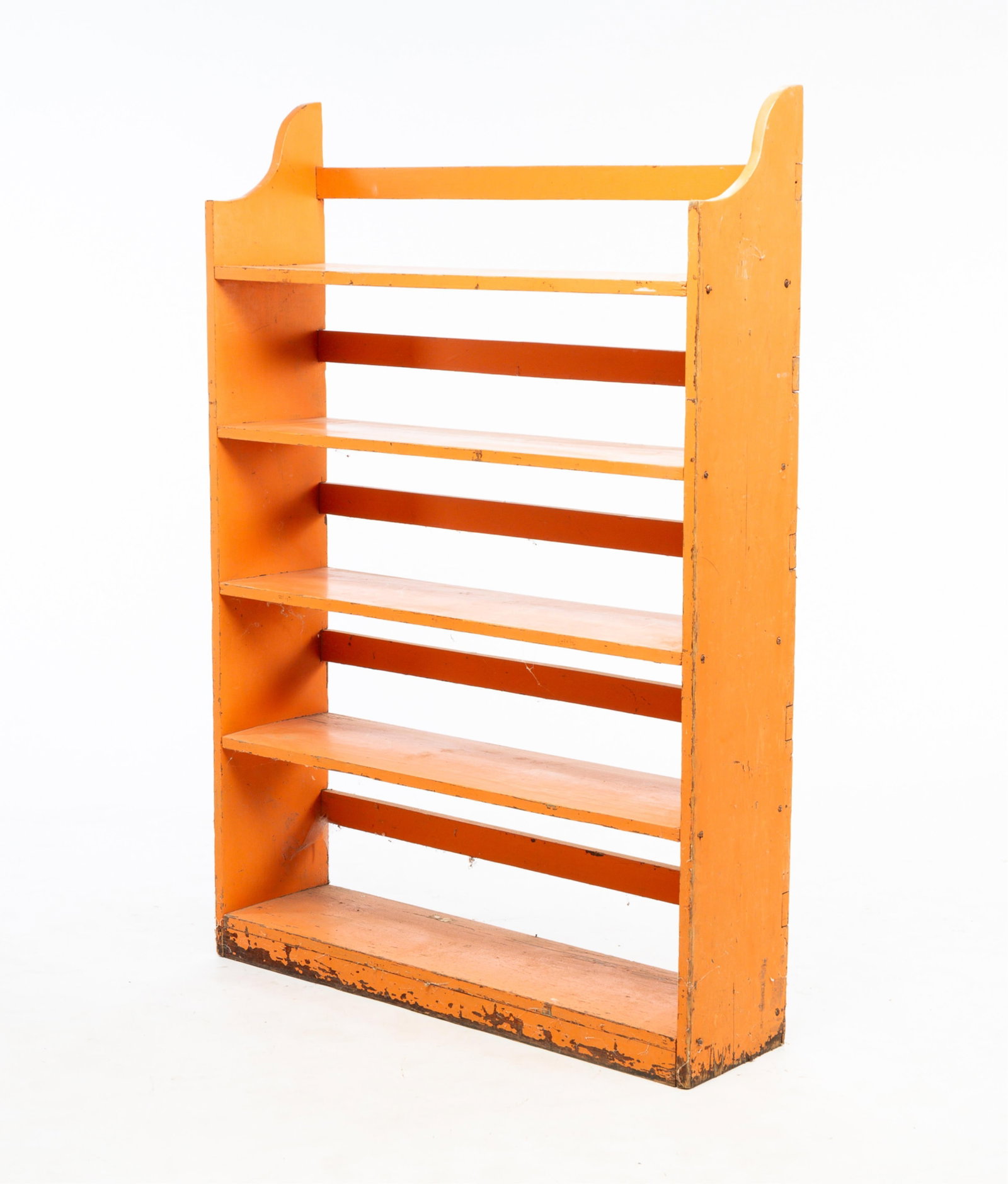 SET OF PAINTED SHELVES.: American, circa 1900. Coral paint. Five tiers, shaped ends. Edge losses and paint wear. 54"h. 37.75"w. 9.75"d.