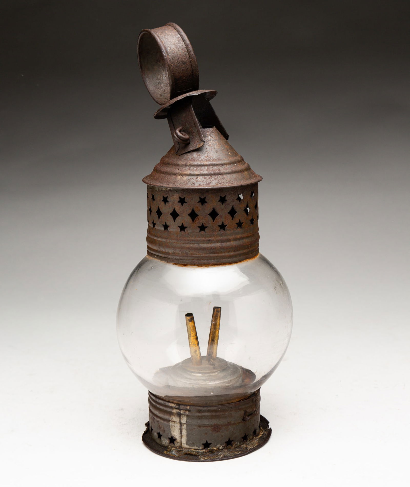 TIN LANTERN WITH BLOWN GLASS GLOBE. (1 of 3)