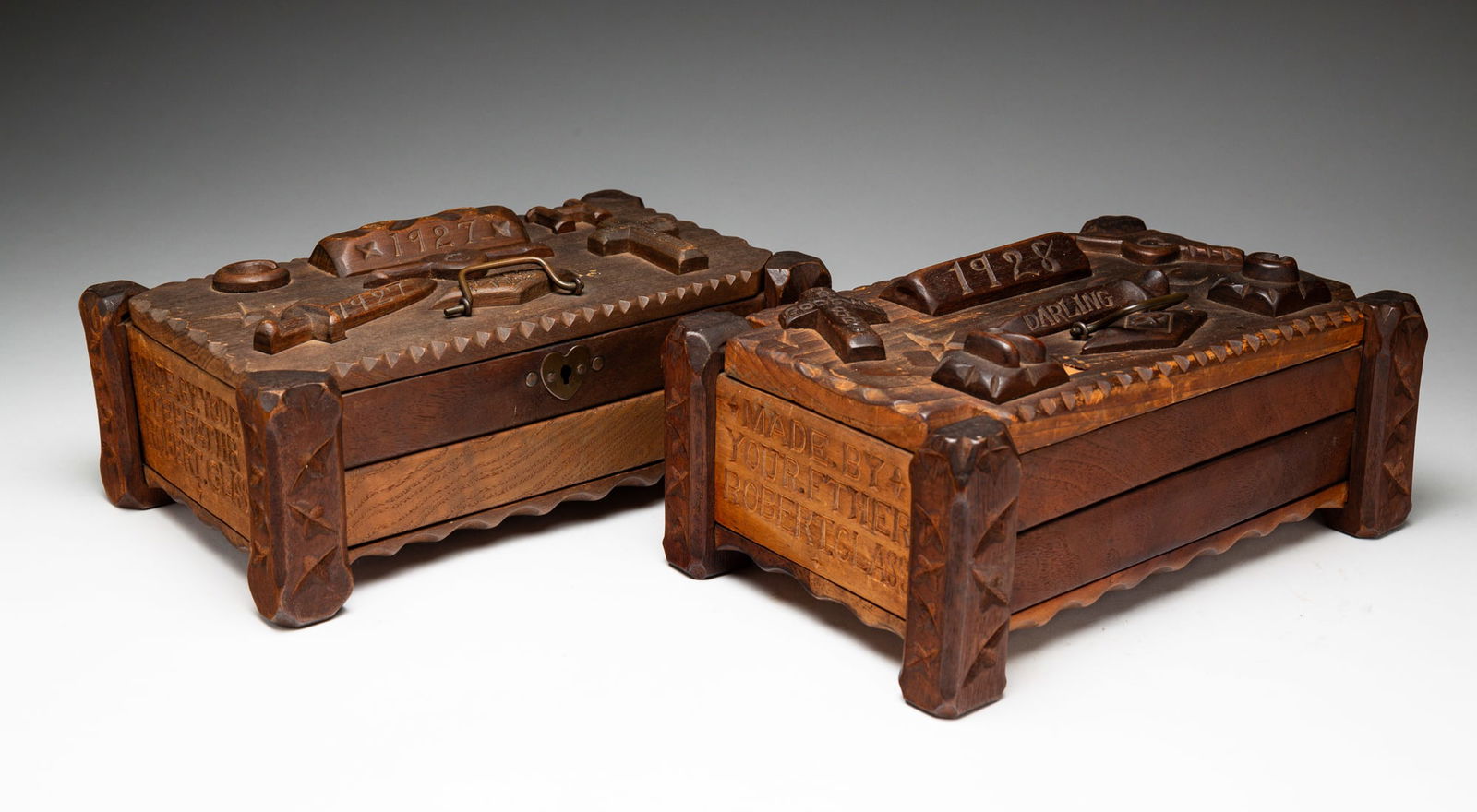 TWO FOLK ART CARVED BOXES DATED 1928. (1 of 7)