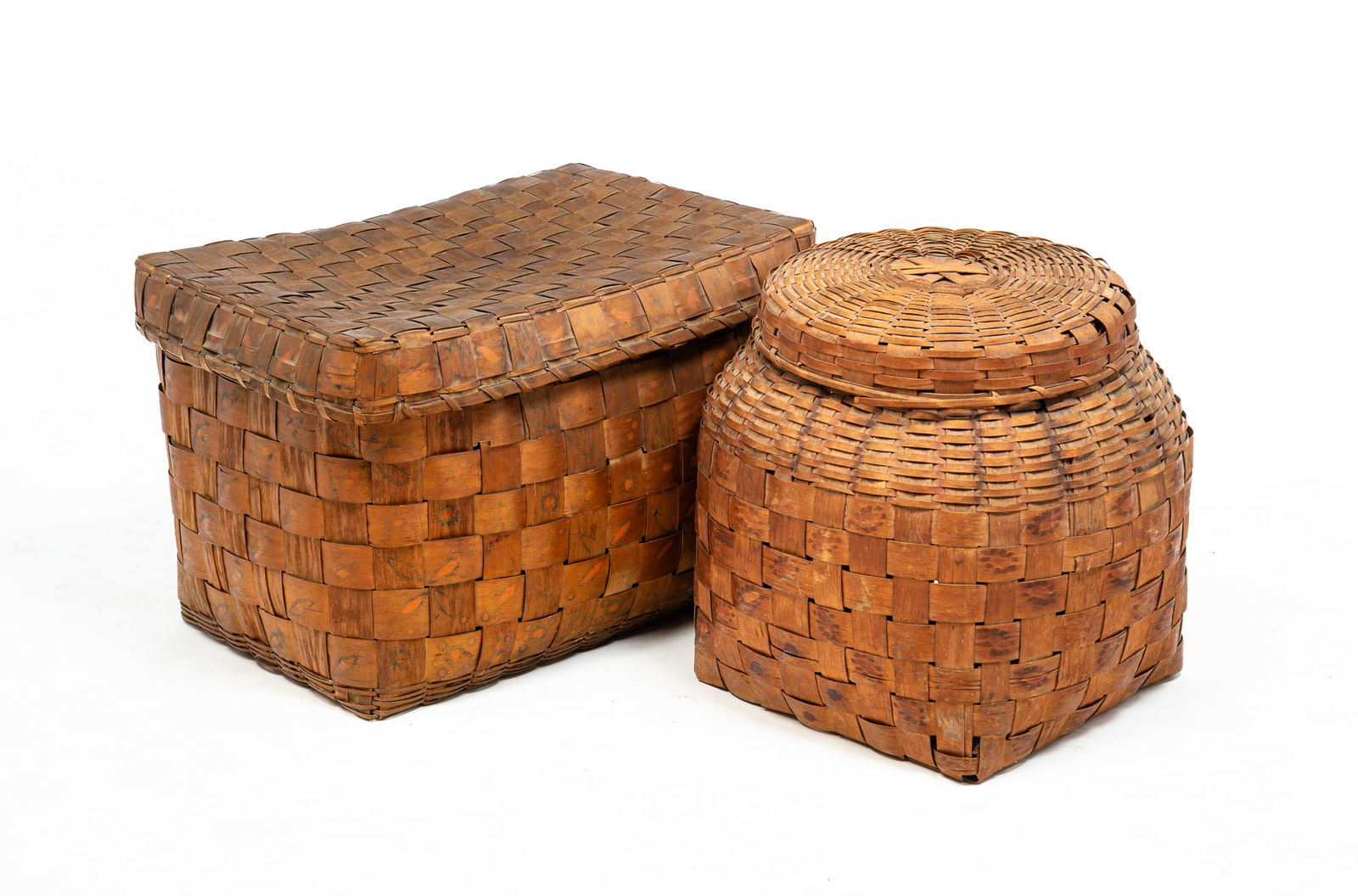 TWO LIDDED DECORATED BASKETS. (1 of 3)