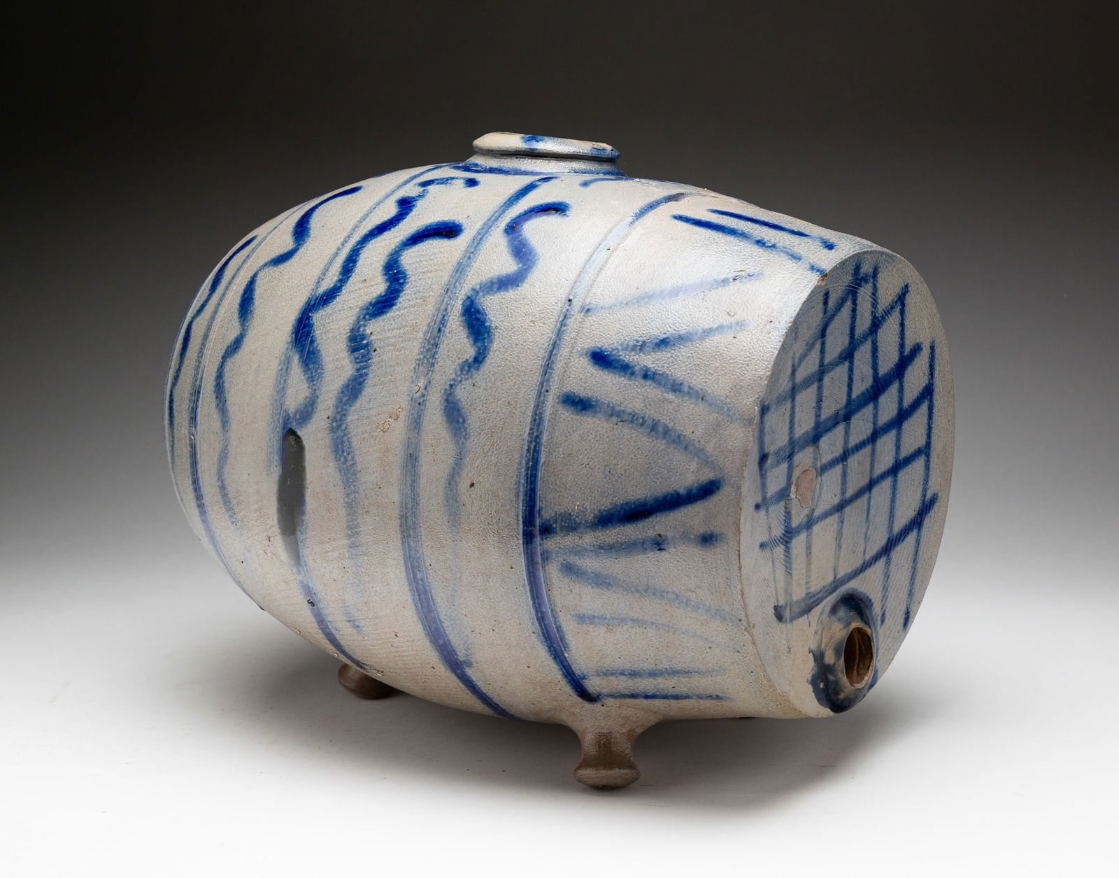 STONEWARE COBALT-DECORATED "BLIND PIG" KEG. (1 of 4)