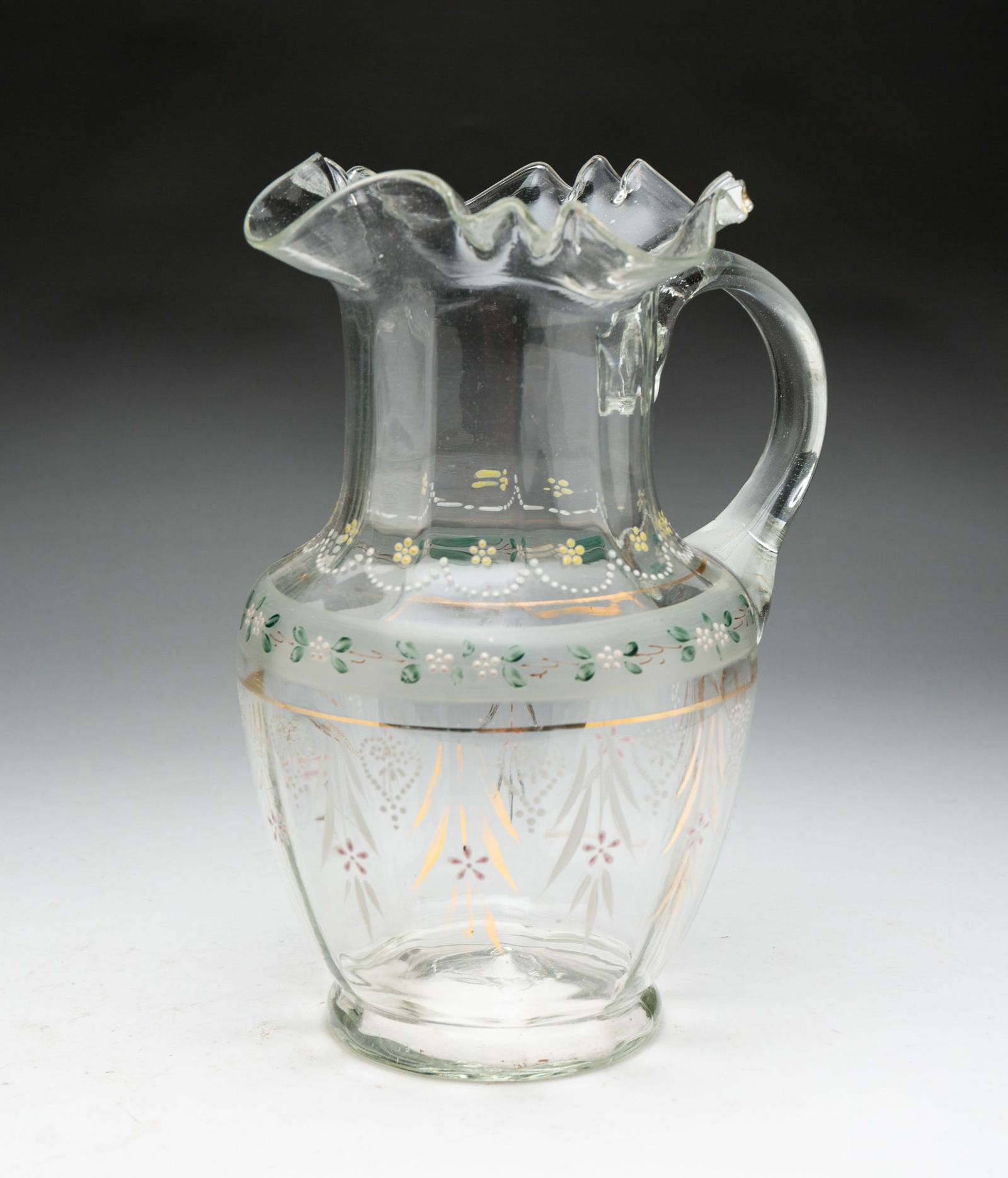 DECORATED BLOWN GLASS PITCHER. (1 of 3)