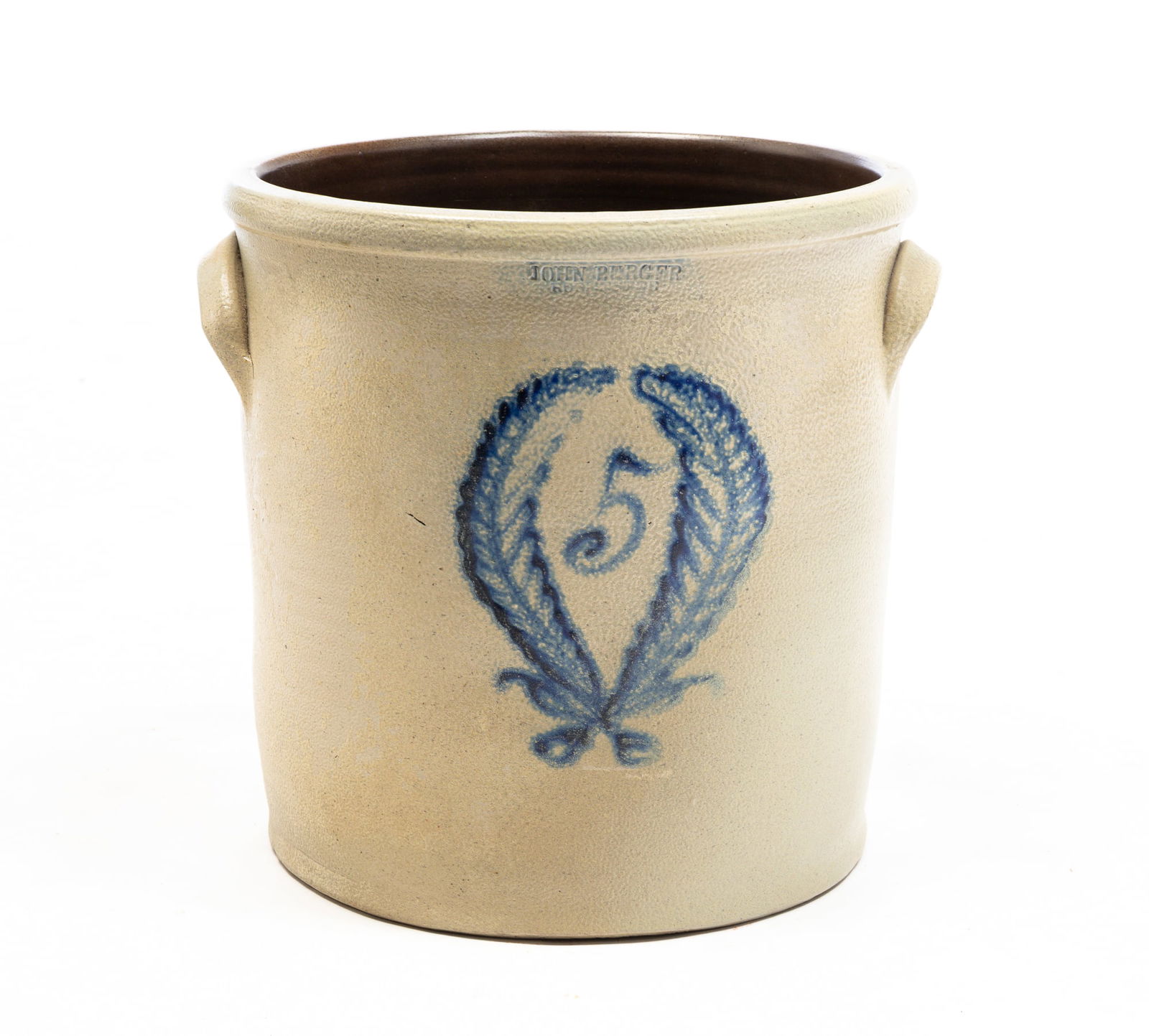 STONEWARE CROCK WITH COBALT WREATH BY JOHN BURGER. (1 of 3)