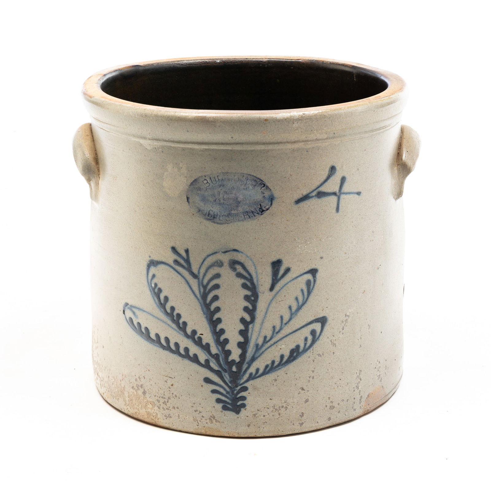 STONEWARE COBALT-DECORATED CROCK BY BURGER. (1 of 4)