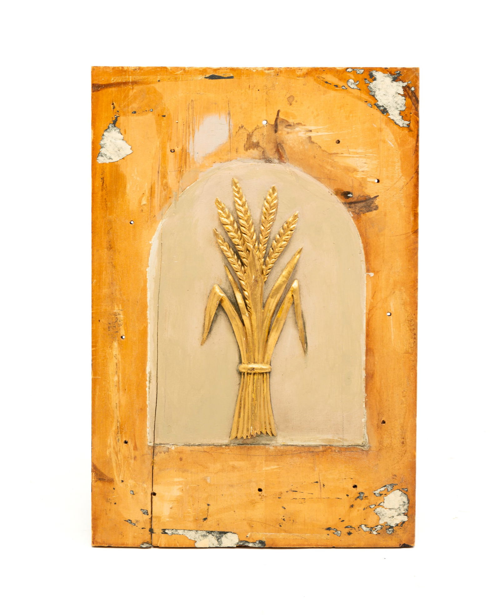 CARVED PANEL.: American, mid-19th Century. Maple. Painted beige arch with a gilt sheath of wheat. Edge wear and age splits. 22"h. 15"h.