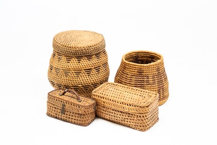 FOUR ALASKAN OPEN WORK BASKETS.