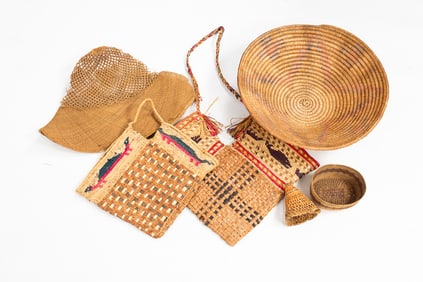 GROUP OF MAKAH, NOOTKA, AND ALASKAN BASKETRY.