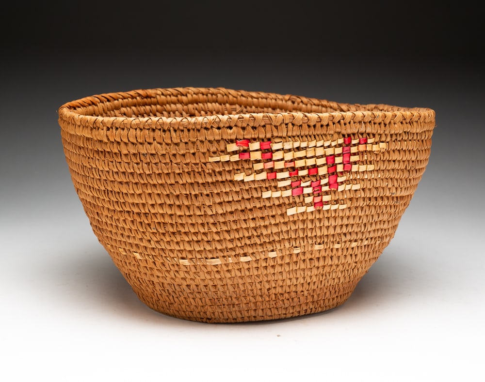 SALISH BASKET/BOWL.: Salish, early-20th Century. Overall good condition with some fading and wear to design element. 13"w. 11"d.We do not guarantee tribal attributions for American Indian / First Nations items.