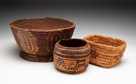 THREE SALISH DECORATED BASKETS.