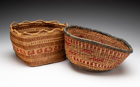 TWO NORTHWEST COAST DECORATED BASKETS.