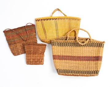 FOUR NORTHWEST COAST BASKET BAGS.
