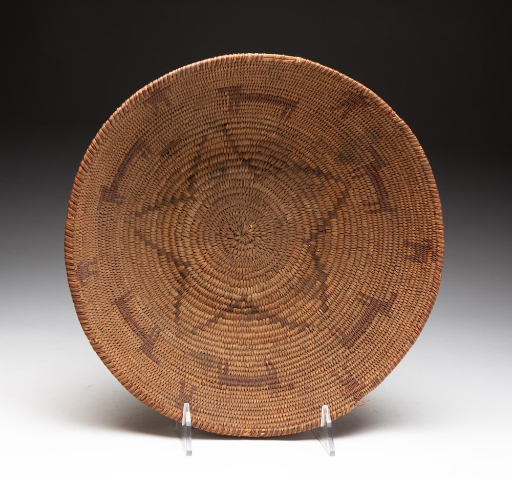 APACHE PICTORIAL POLYCHROME BOWL.: Apache, circa 1900. Decorated throughout with figural and animal motifs and a five pointed star at center. Overall good condition with burn mark, minor edge damage, and wear. 3.5"h. 13"dia.We do not g