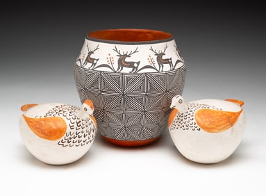 ACOMA POTTERY BIRDS AND A REINDEER POT.