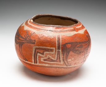 ARCHAIC ZUNI HEARTLINE DEER RED-GLAZED POT.
