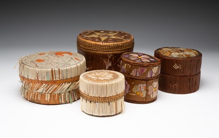 FIVE PORCUPINE QUILL BARK BOXES.