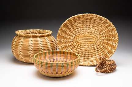 THREE PAPAGO BASKETS AND A PINE NEEDLE BASKET.