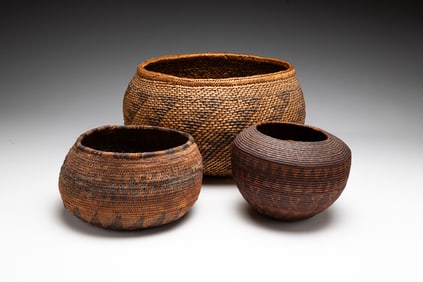 THREE CALIFORNIA INDIAN BASKETS.