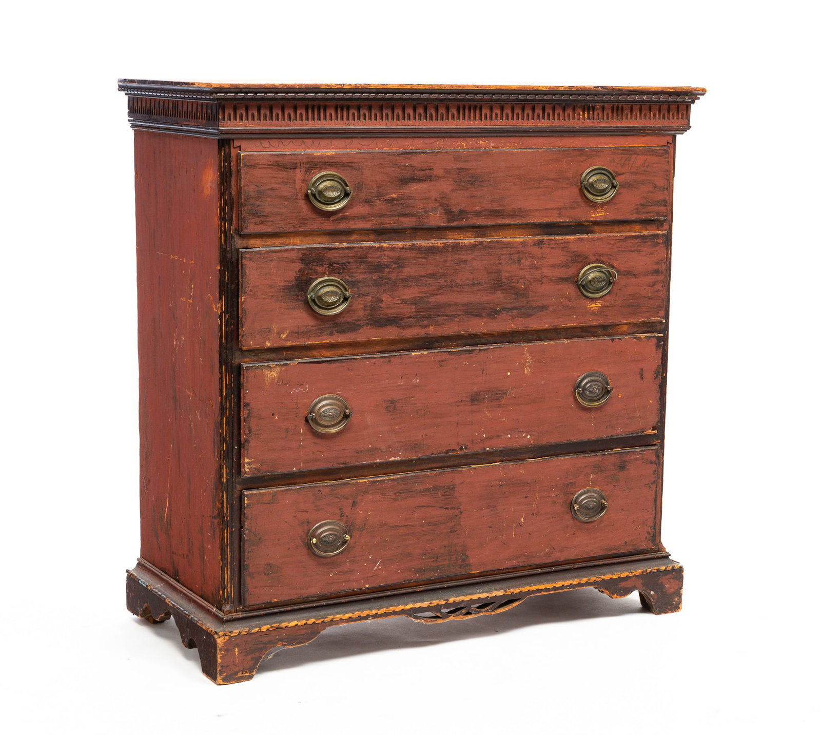 CHIPPENDALE CHEST OF DRAWERS.: American, late-18th Century. Pine. Red paint. Carved and molded applied cornice, four overlapping dovetailed drawers, fluted quartered pilasters, bracket base and shaped apron. Wear to most edges. 42.