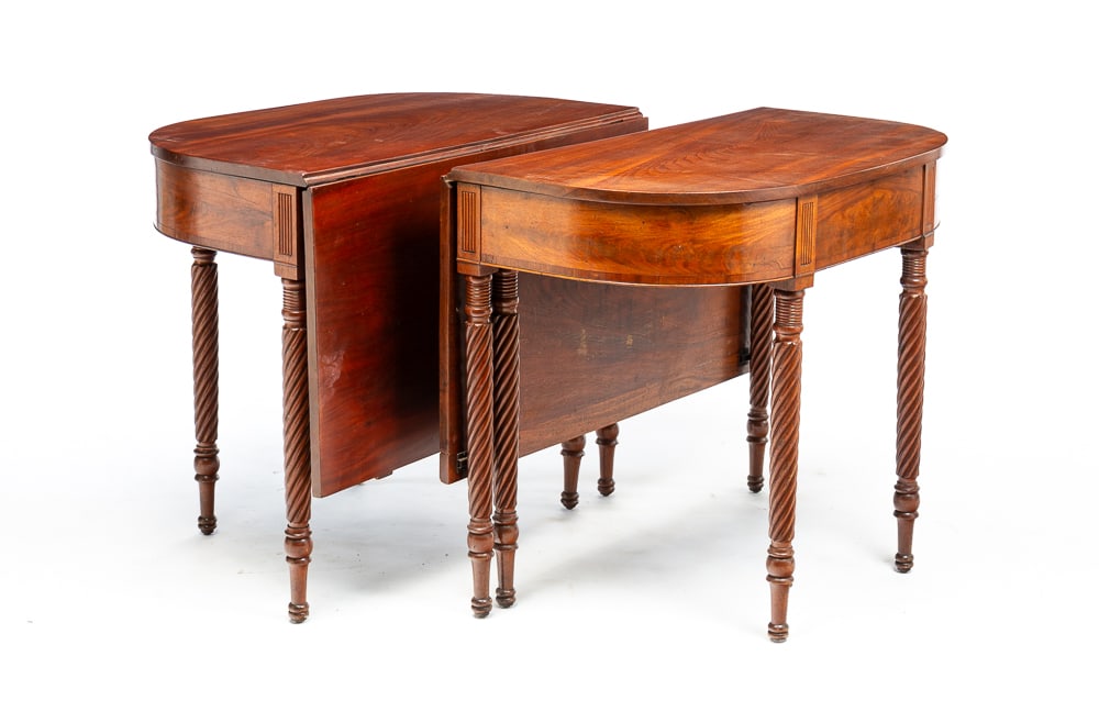 A PAIR OF SHERATON BANQUET TABLES.: American, second quarter 19th Century. Mahogany with pine secondary. "D" shaped tops, aprons with applied beaded edges, rope turned legs with reeded top blocks. Refinished with some wear and one front