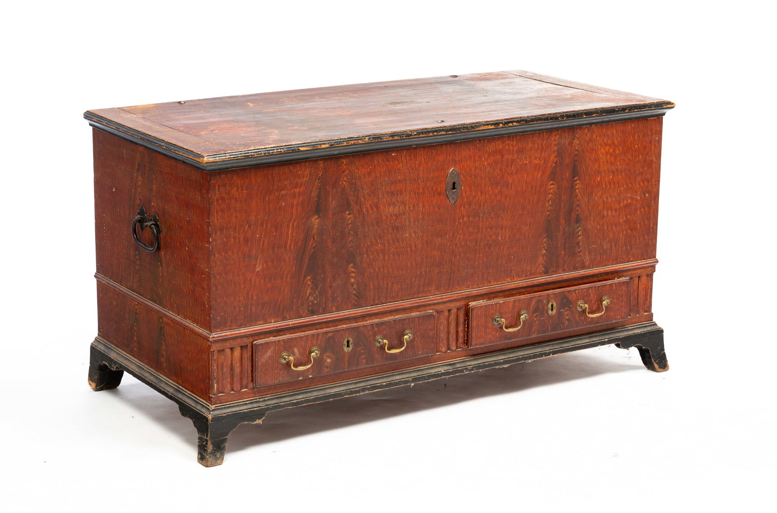 HEPPLEWHITE PAINT-DECORATED BLANKET CHEST.: American, first quarter 19th Century. Pine. Grain printed, black French feet and trim. Dovetailed case lid with strap hinges and two lower overlapping dovetailed drawers. Paint wear to the lid, lock b