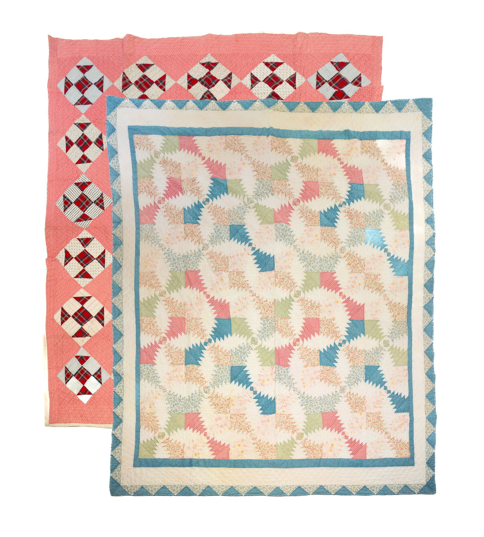 TWO PIECED QUILTS.: American, late-19th Century. "Shoofly" in printed fabrics in pinks, red, and blues. Small hole in top fabric, two-inch seam and several smaller areas need restitched, binding unstitched in two areas a