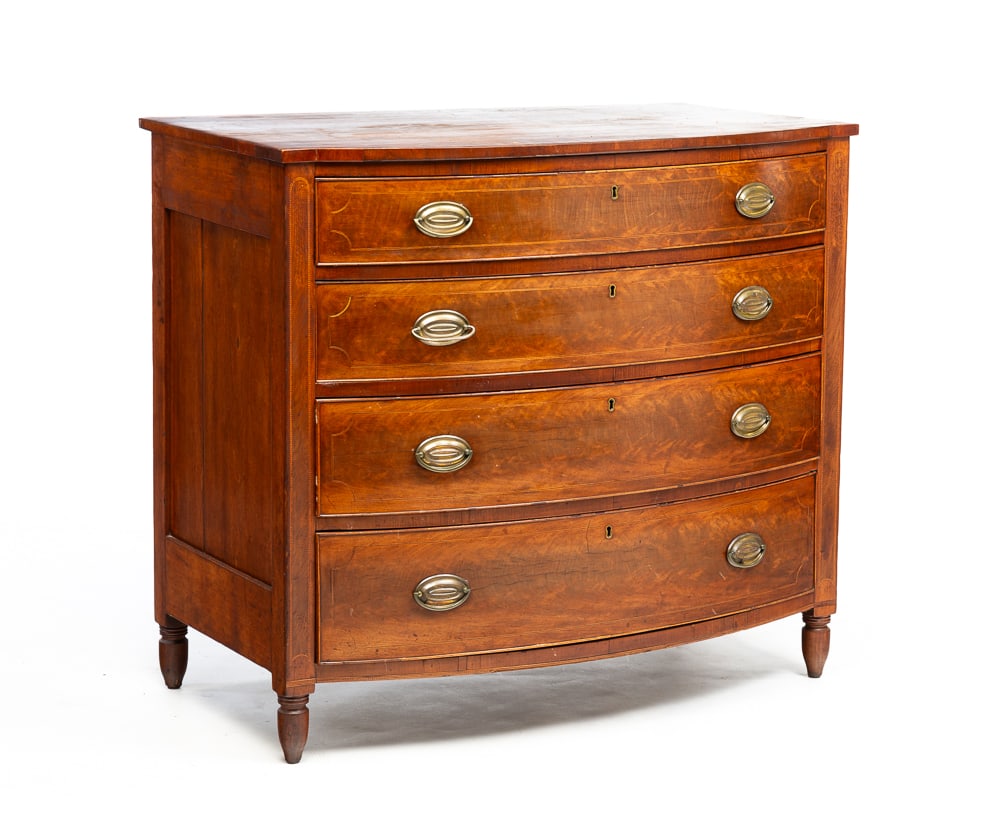 INLAID SHERATON CHEST OF DRAWERS.: American, second quarter 19th Century. Cherry with poplar secondary. Paneled ends, stiles with inlaid panels, four dovetailed drawers with applied beaded edges, string inlay and short turned legs. Ref