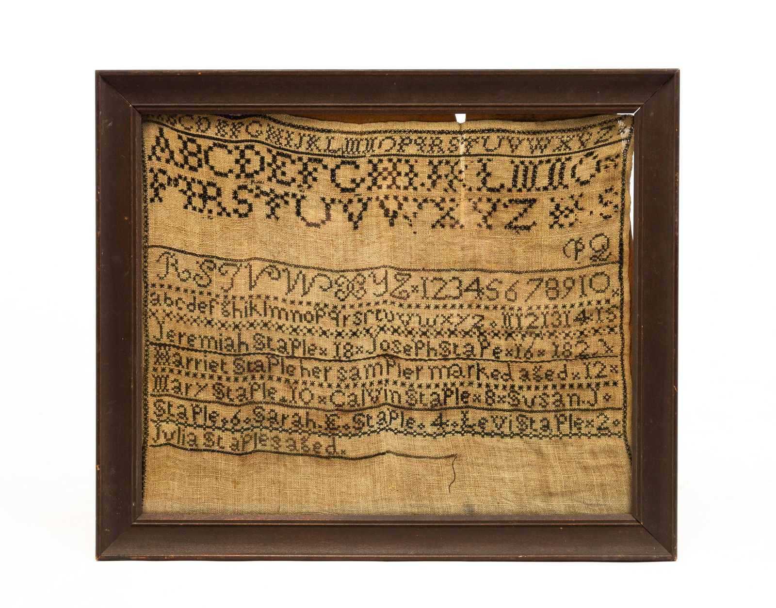 NEEDLEWORK FAMILY SAMPLER.: English or American, first half 19th Century. Wrought by “Harriet Staple her sampler marked aged 12”, alphabets and numerals over names and ages of nine family members, framed. Unfinished,