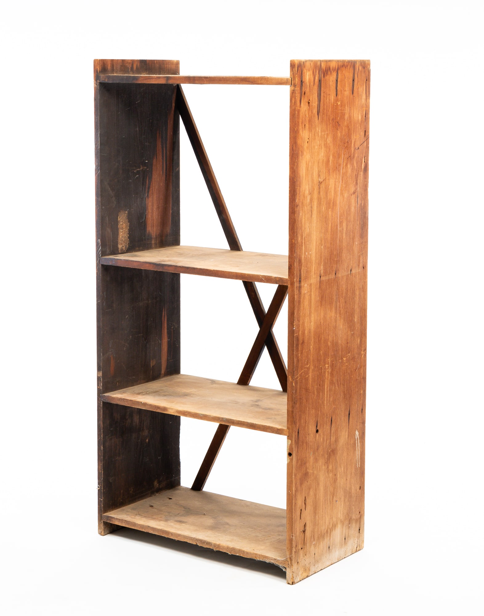 CROCK BENCH.: American, second half 19th Century. Poplar. Three tiers, x-frame supports and dado joint and square nail construction. Left side with blue painted interior. 61.75"h. 31"w. 16.25"d.