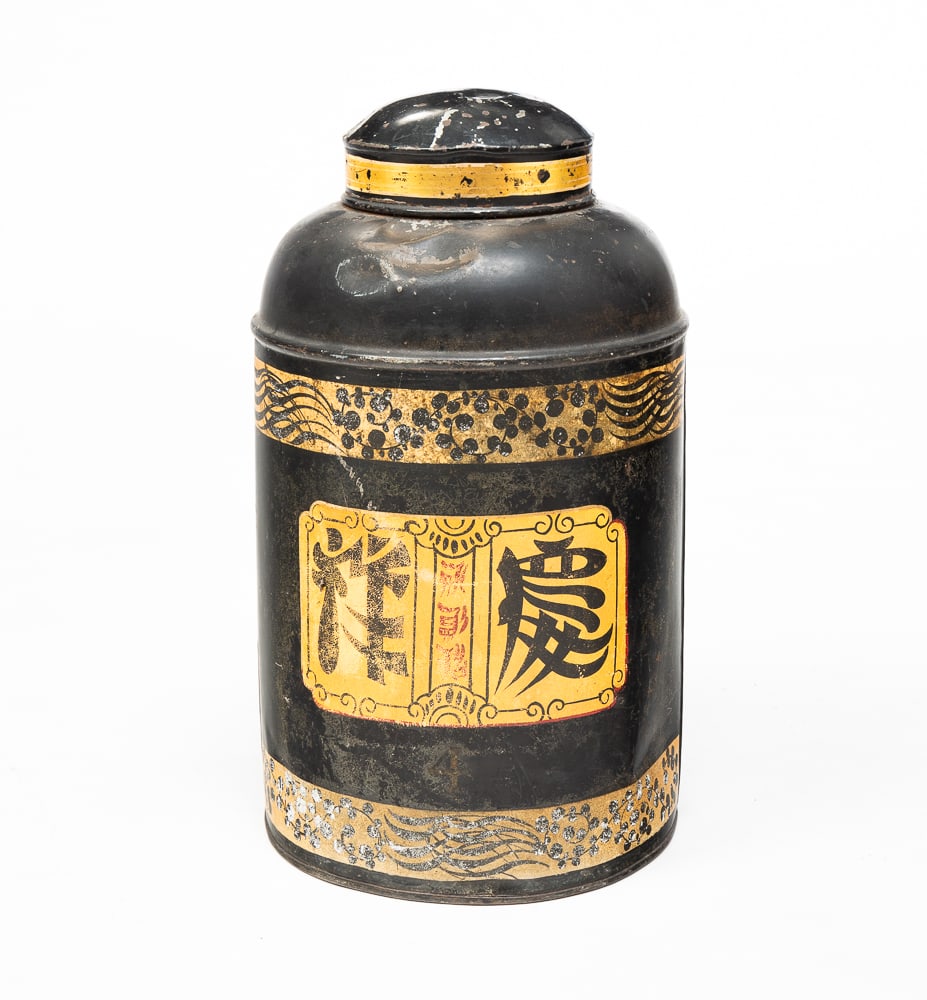 TOLE PAINTED TEA CANISTER.: English, mid-19th Century. Parnall and Sons painted tea canister in an Asian motif. Dents, surface wear and loss. 16.5"h.