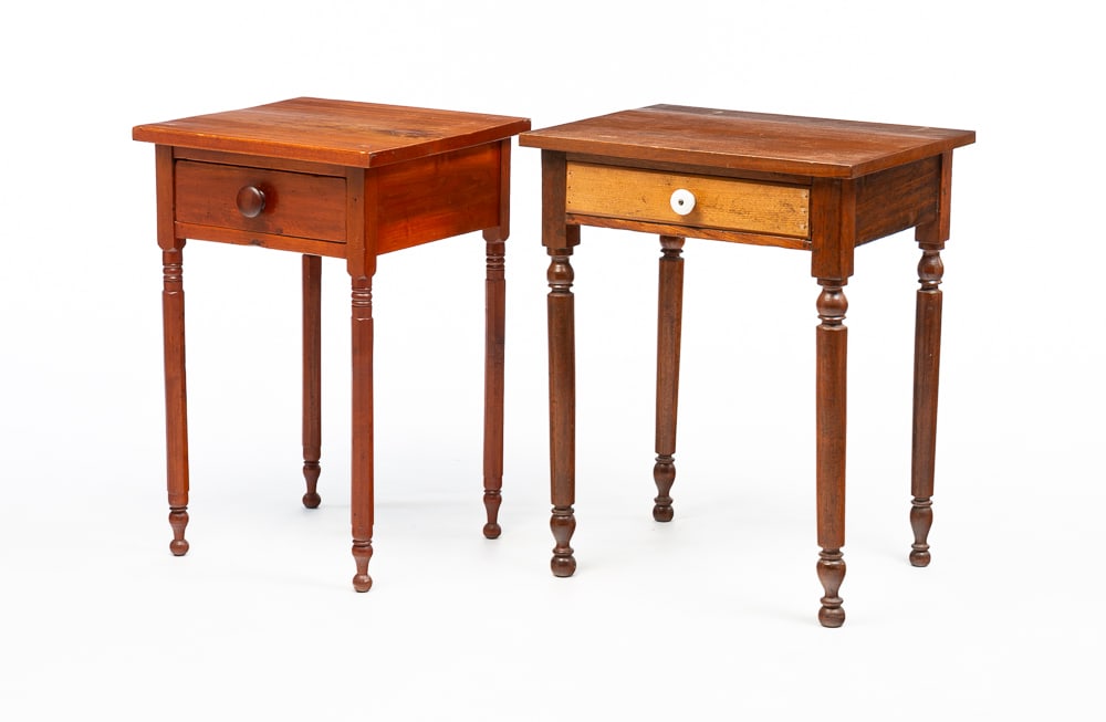 TWO SHERATON ONE DRAWER STANDS.: American, second quarter 19th Century. One is birch with poplar secondary. Dovetailed drawer with paneled and turned legs. Refinished. 28.25"h. 18.5"w. 18.75"d. And the second is walnut, has had the d