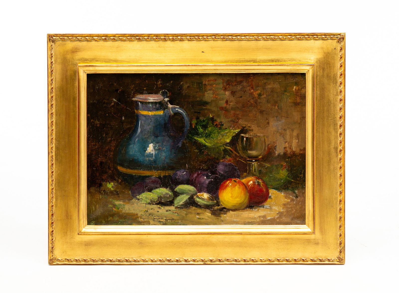 UNSIGNED "STILL LIFE".: American, circa 1900. Oil on canvas. Still life with jug, fruit and goblet. Patches and puncture, wear to frame, varnished. 15.25"h. 21.75"w. Framed 22.75"h. 29"w.