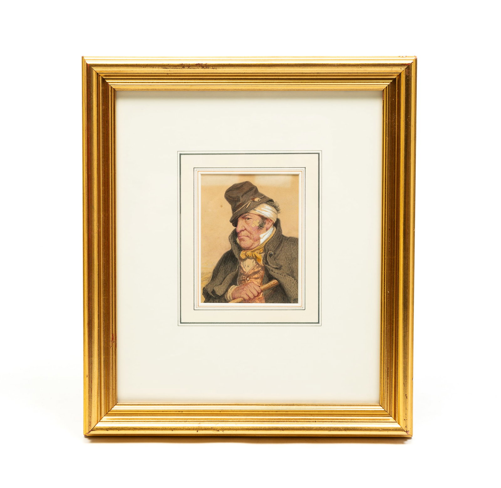 UNSIGNED "WATERCOLOR PORTRAIT OF A MAN".: English, mid-19th Century. Man with an eye patch and a bandage atop his head. Unsigned. In gilt frame. 15.25"h. 13.5"w.